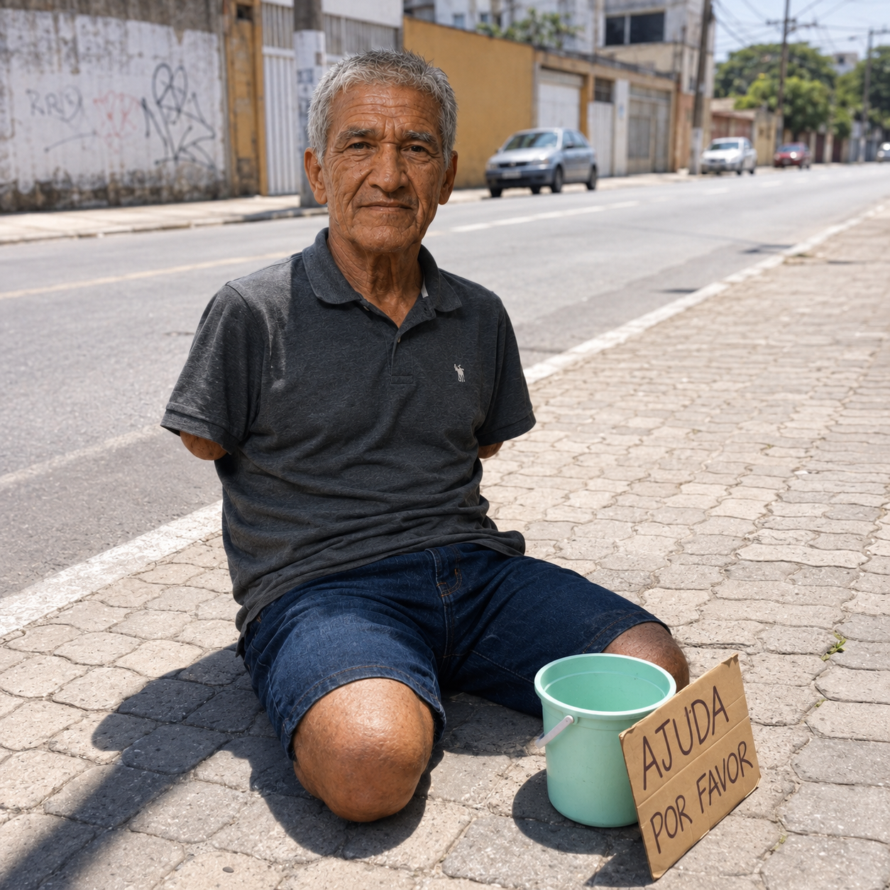 Seu Antonio sentado na calçada com um balde ao lado