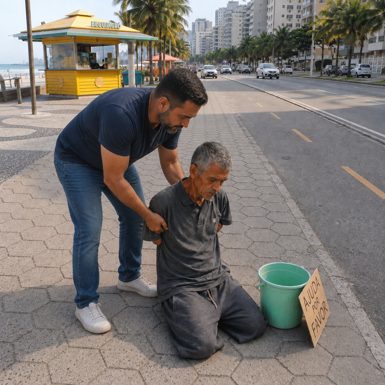 Um homem ajudando o Seu Antonio na calçada